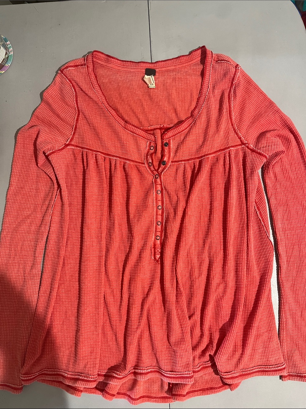 Free People Coral Waffle-Knit Long Sleeve Henley